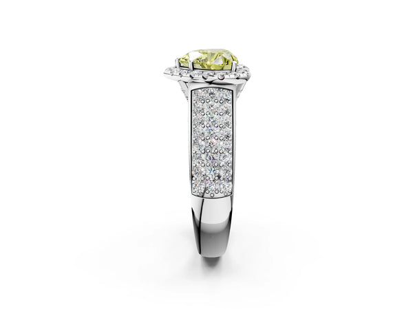 White gold Fancy Yellow Heart  Halo Round Diamond Pave Band with Prong Setting