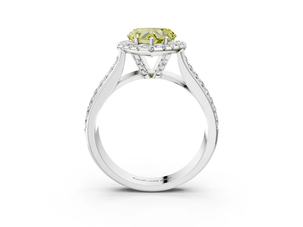 White gold Fancy Yellow Heart  Halo Round Diamond Pave Band with Prong Setting