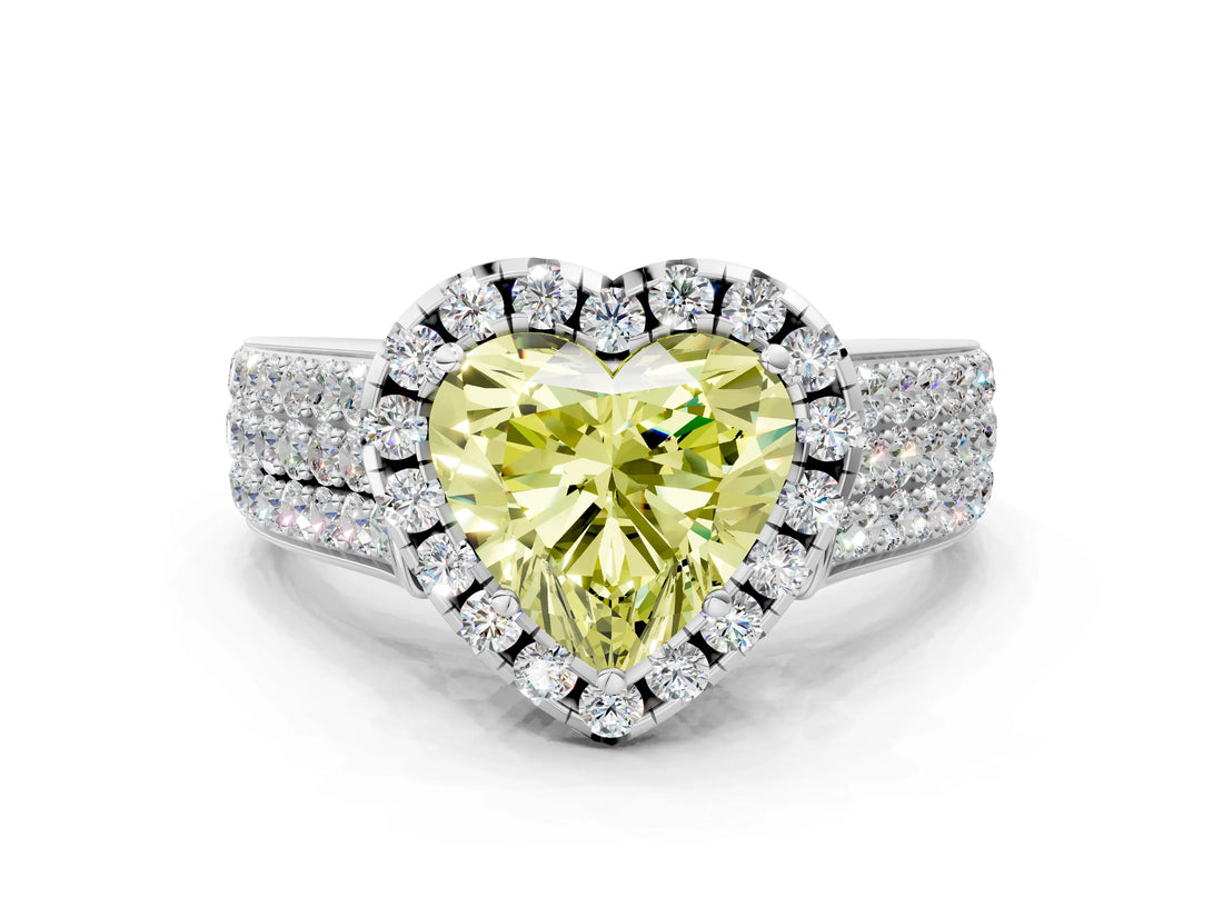 White gold Fancy Yellow Heart  Halo Round Diamond Pave Band with Prong Setting