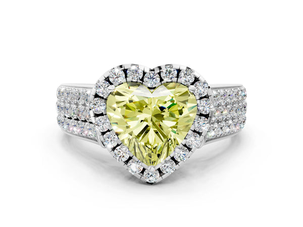 White gold Fancy Yellow Heart  Halo Round Diamond Pave Band with Prong Setting
