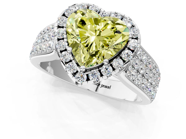 White gold Fancy Yellow Heart  Halo Round Diamond Pave Band with Prong Setting