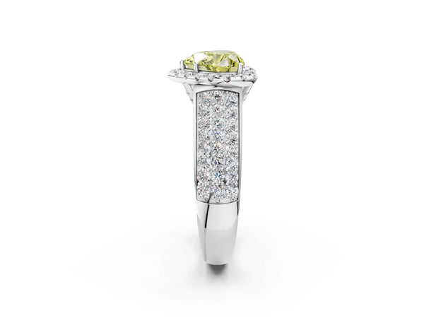 White gold Fancy Yellow Heart  Halo Round Diamond Pave Band with Prong Setting