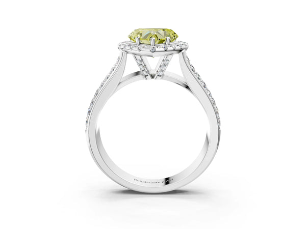 White gold Fancy Yellow Heart  Halo Round Diamond Pave Band with Prong Setting
