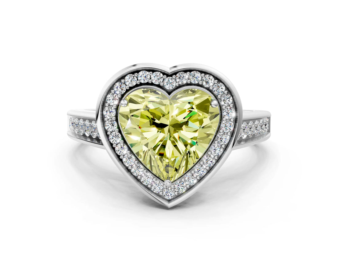 White gold Fancy Yellow Heart  Halo Solitaire Diamond Ring with Pave Band and Bezel Setting_49