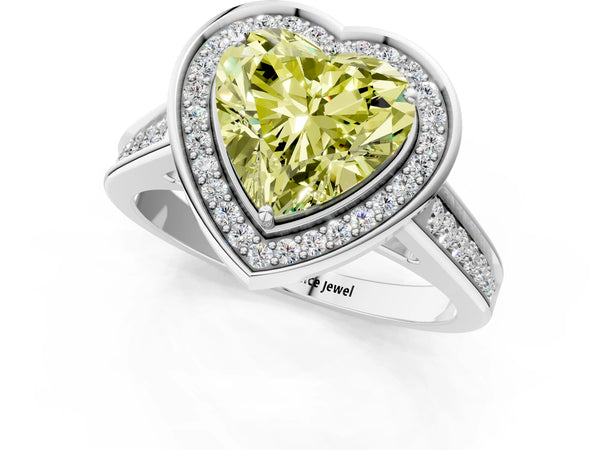 White gold Fancy Yellow Heart  Halo Solitaire Diamond Ring with Pave Band and Bezel Setting