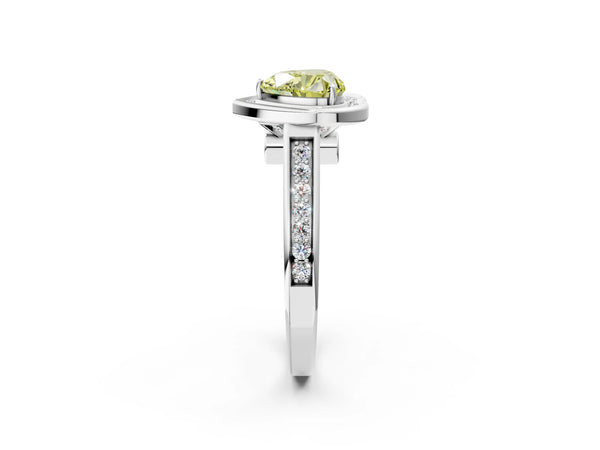 White gold Fancy Yellow Heart  Halo Solitaire Diamond Ring with Pave Band and Bezel Setting