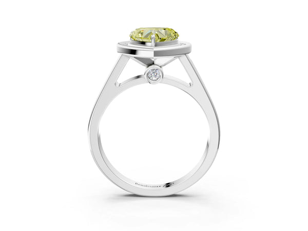 White gold Fancy Yellow Heart  Halo Solitaire Diamond Ring with Pave Band and Bezel Setting