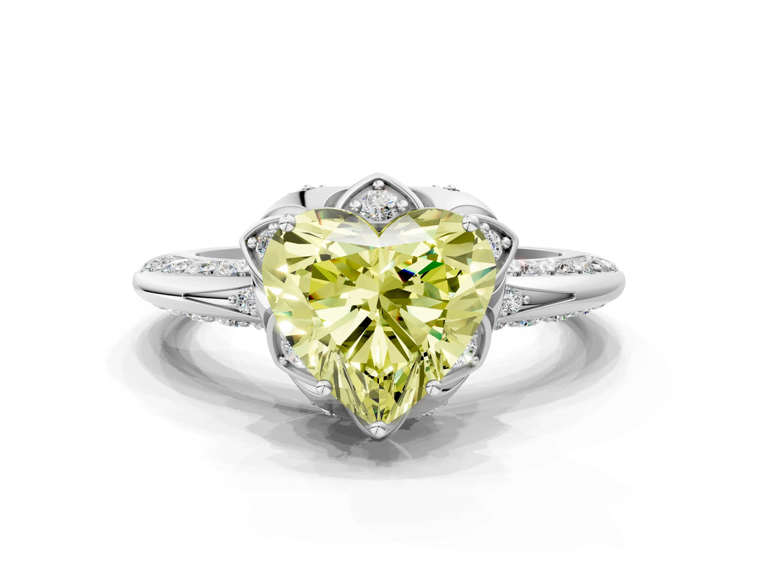 White gold Fancy Yellow Heart  Halo Split Shank Pave Diamond Ring with Petal Prong Setting_32