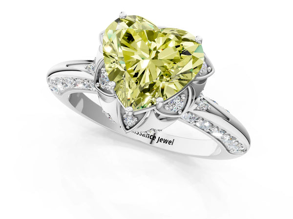 Platinum Fancy Yellow Heart  Halo Split Shank Pave Diamond Ring with Petal Prong Setting
