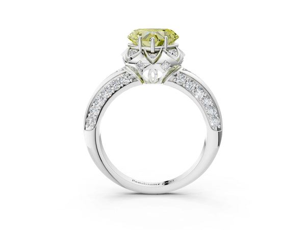 Platinum Fancy Yellow Heart  Halo Split Shank Pave Diamond Ring with Petal Prong Setting