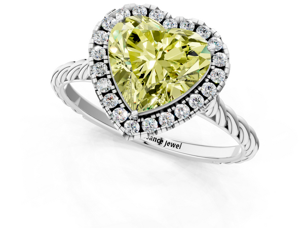White gold Fancy Yellow Heart  Halo Twisted Band Four-Prong Diamond Ring