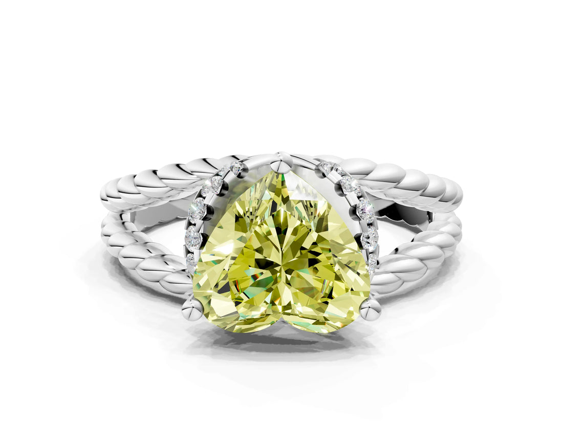 White gold Fancy Yellow Heart  Halo Twisted Band Four-Prong Ring_32