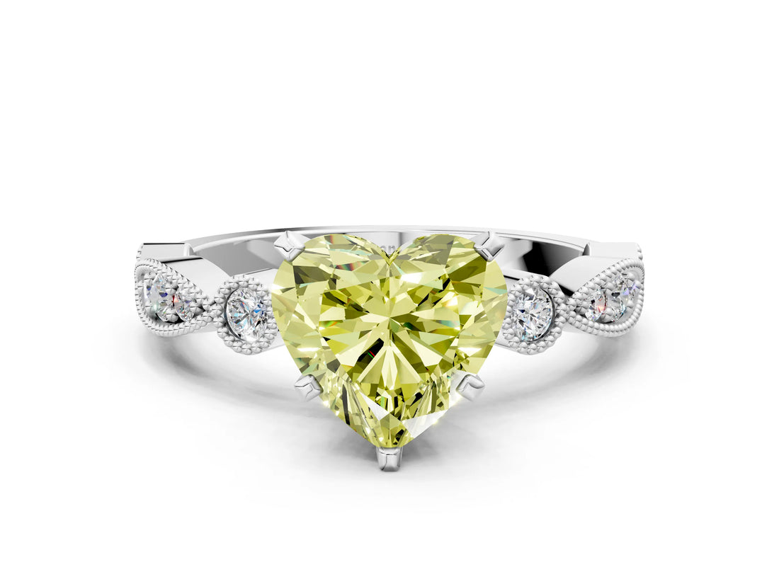 White gold Fancy Yellow Heart  Milgrain Bezel Diamond Engagement Ring with Solitaire Prong Setting_156