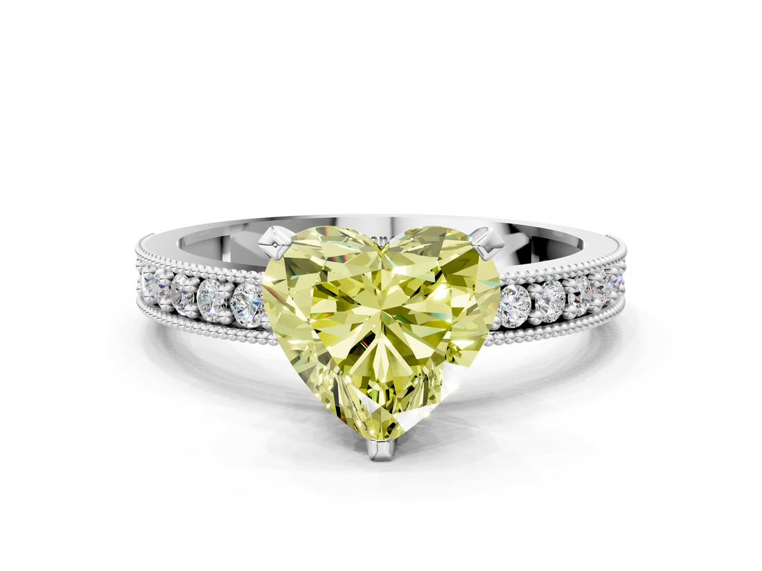 White gold Fancy Yellow Heart  Milgrain Pave Diamond Engagement Ring with Four-Prong Setting_170