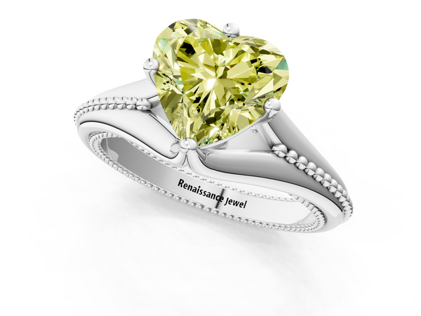 Platinum Fancy Yellow Heart  Solitaire Beaded Band Six-Prong Setting