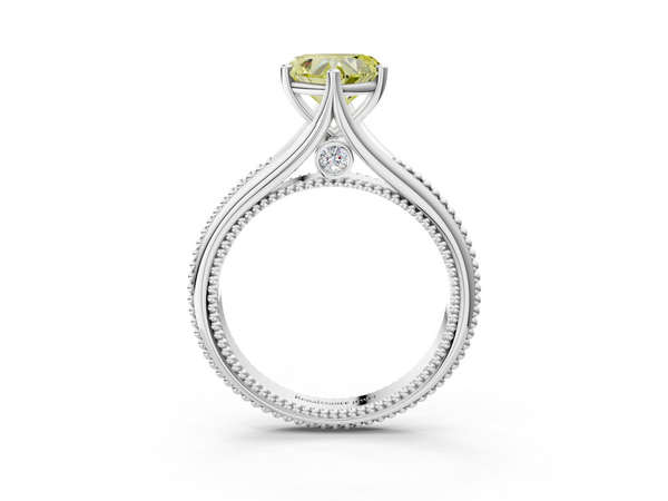 Platinum Fancy Yellow Heart  Solitaire Beaded Band Six-Prong Setting