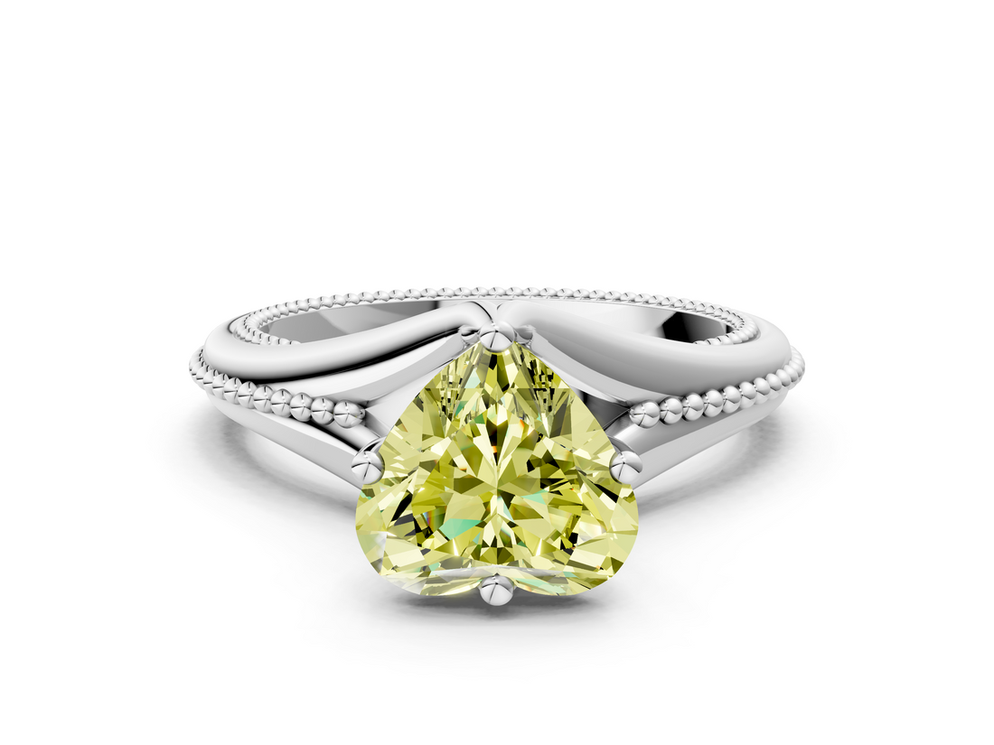 White gold Fancy Yellow Heart  Solitaire Beaded Band Six-Prong Setting