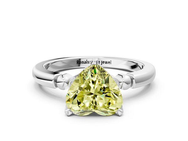White gold Fancy Yellow Heart  Solitaire Beaded Band with Four-Prong Setting
