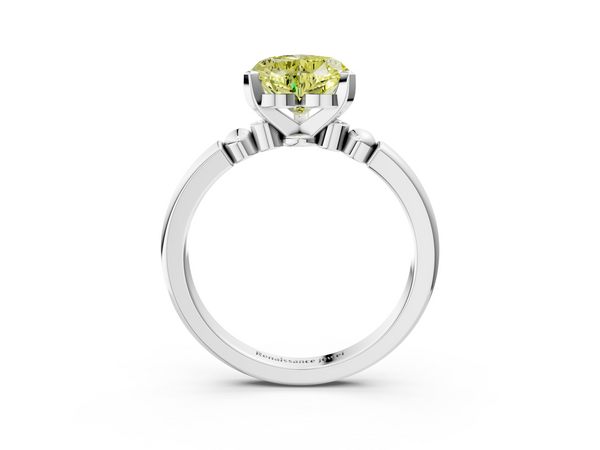 White gold Fancy Yellow Heart  Solitaire Beaded Band with Four-Prong Setting