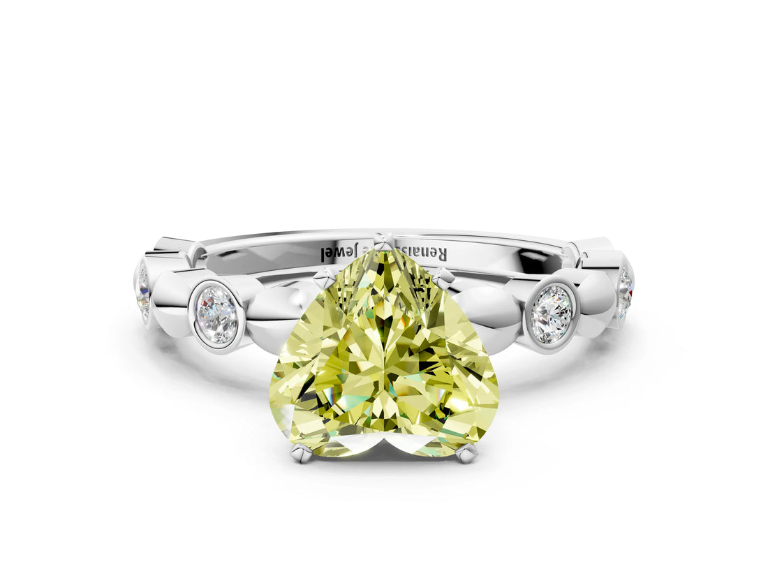 White gold Fancy Yellow Heart  Solitaire Bezel-Set Diamond Ring with Beaded Band and Four-Prong Setting_32