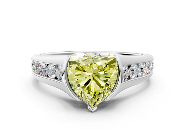 White gold Fancy Yellow Heart  Solitaire Bezel-Set Diamond Ring with Channel-Set Band