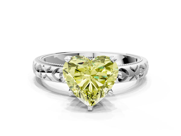 White gold Fancy Yellow Heart  Solitaire Diamond Engagement Ring with XO Engraved Band and Four-Prong Setting