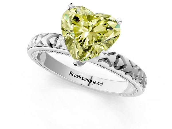 White gold Fancy Yellow Heart  Solitaire Diamond Engagement Ring with XO Engraved Band and Four-Prong Setting