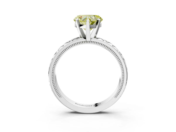 White gold Fancy Yellow Heart  Solitaire Diamond Engagement Ring with XO Engraved Band and Four-Prong Setting