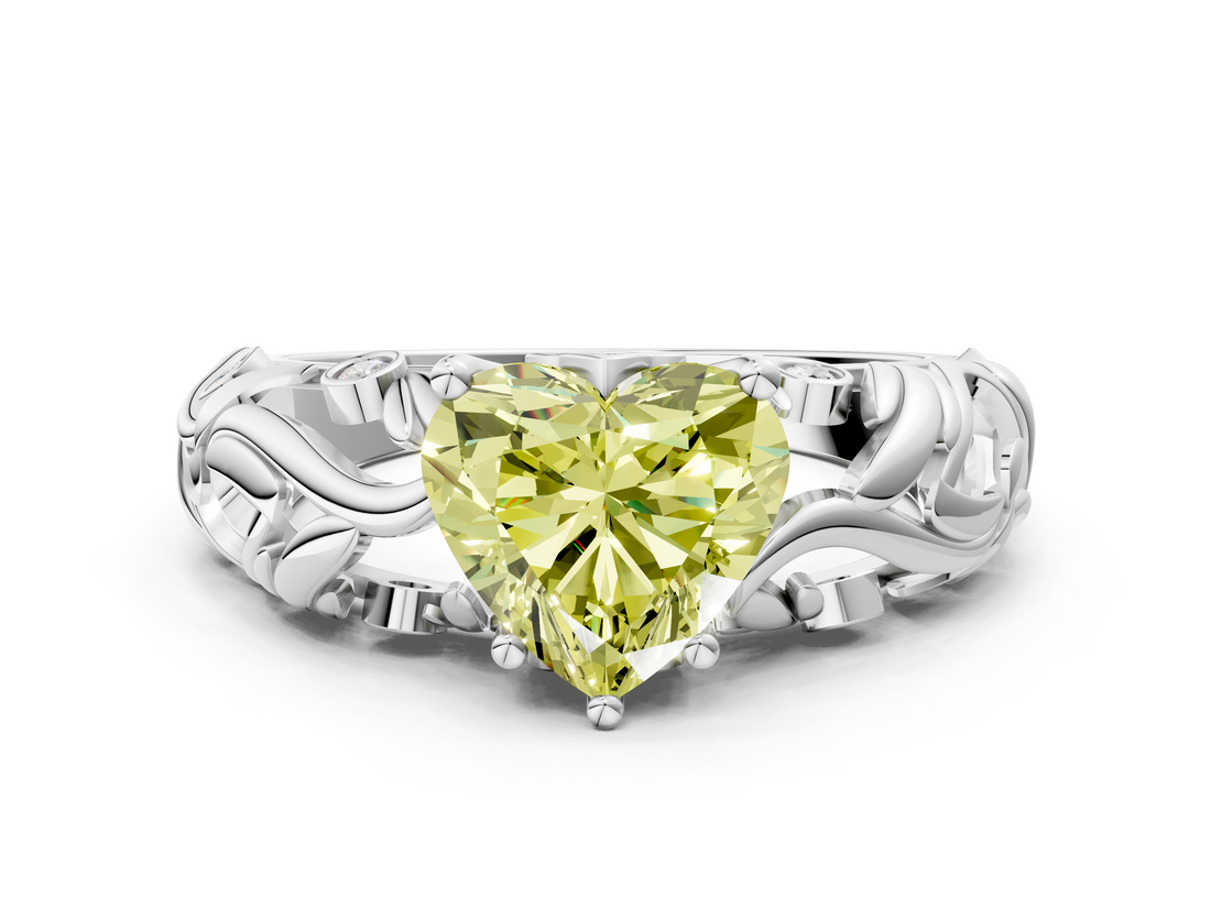 White gold Fancy Yellow Heart  Solitaire Diamond Leaf Vine Band with Prong Setting_48