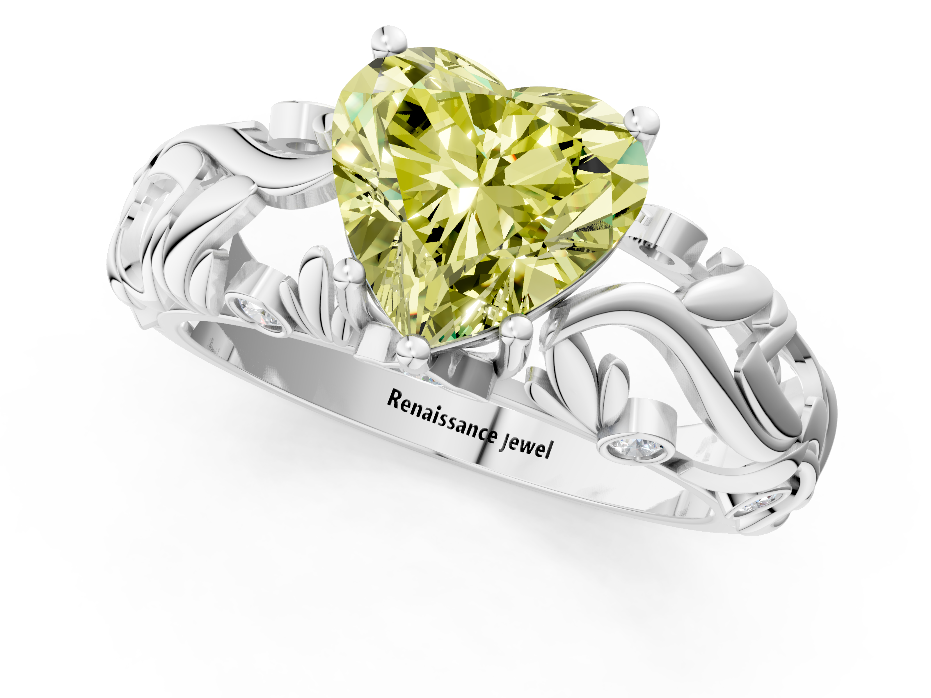 White gold Fancy Yellow Heart  Solitaire Diamond Leaf Vine Band with Prong Setting_49
