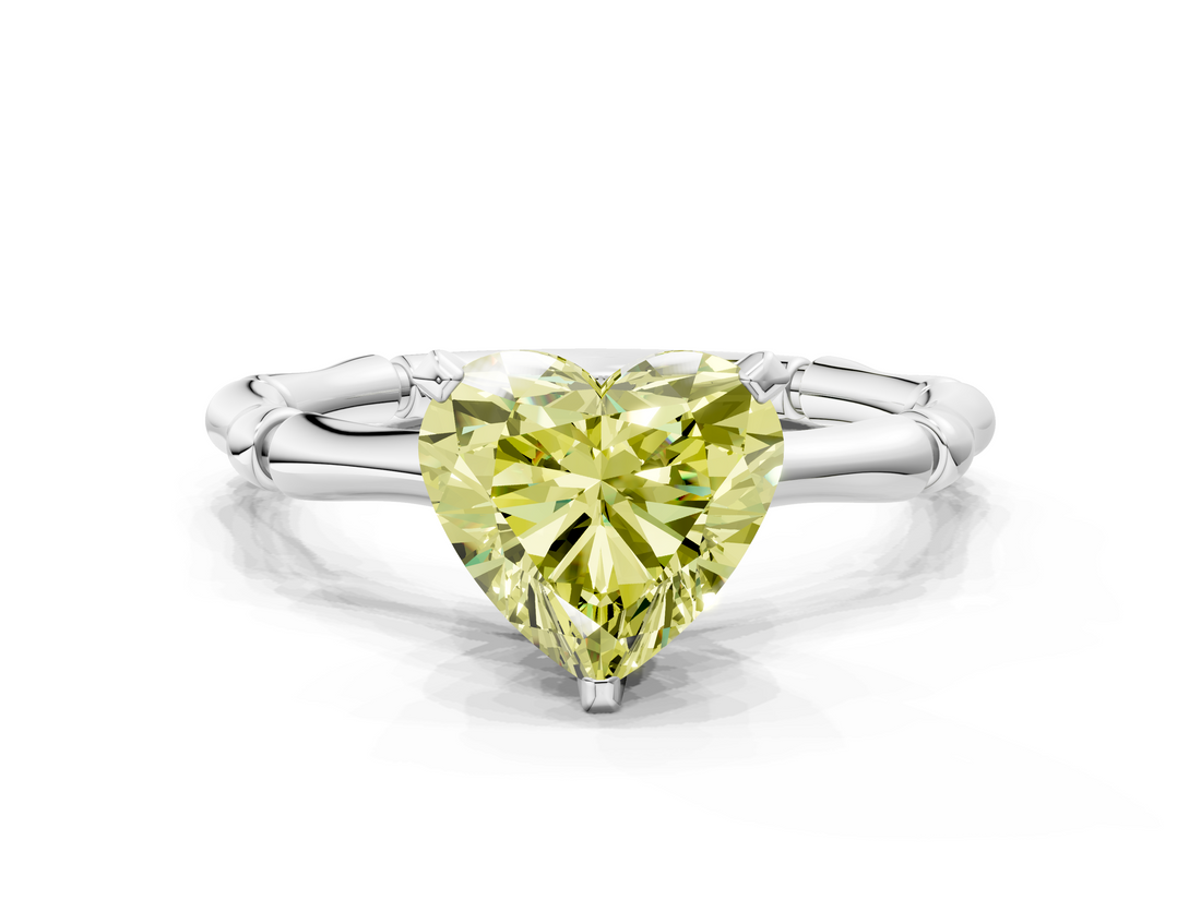 White gold Fancy Yellow Heart  Solitaire Diamond Ring with Bamboo Band and Four-Prong Setting_33
