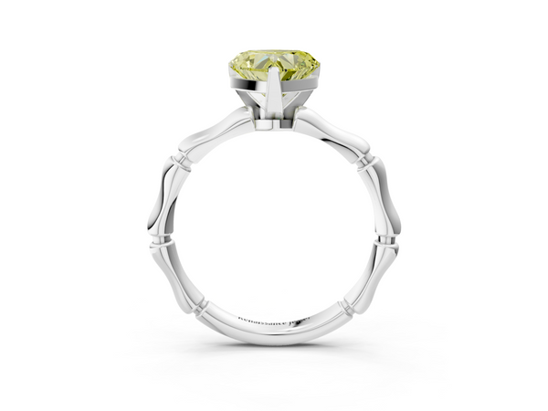 Platinum Fancy Yellow Heart  Solitaire Diamond Ring with Bamboo Band and Four-Prong Setting