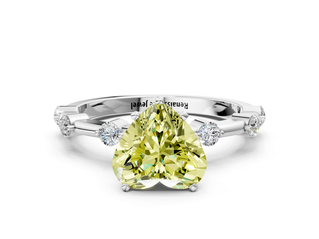 White gold Fancy Yellow Heart  Solitaire Diamond Ring with Bezel Set Side Stones and Prong Setting_3
