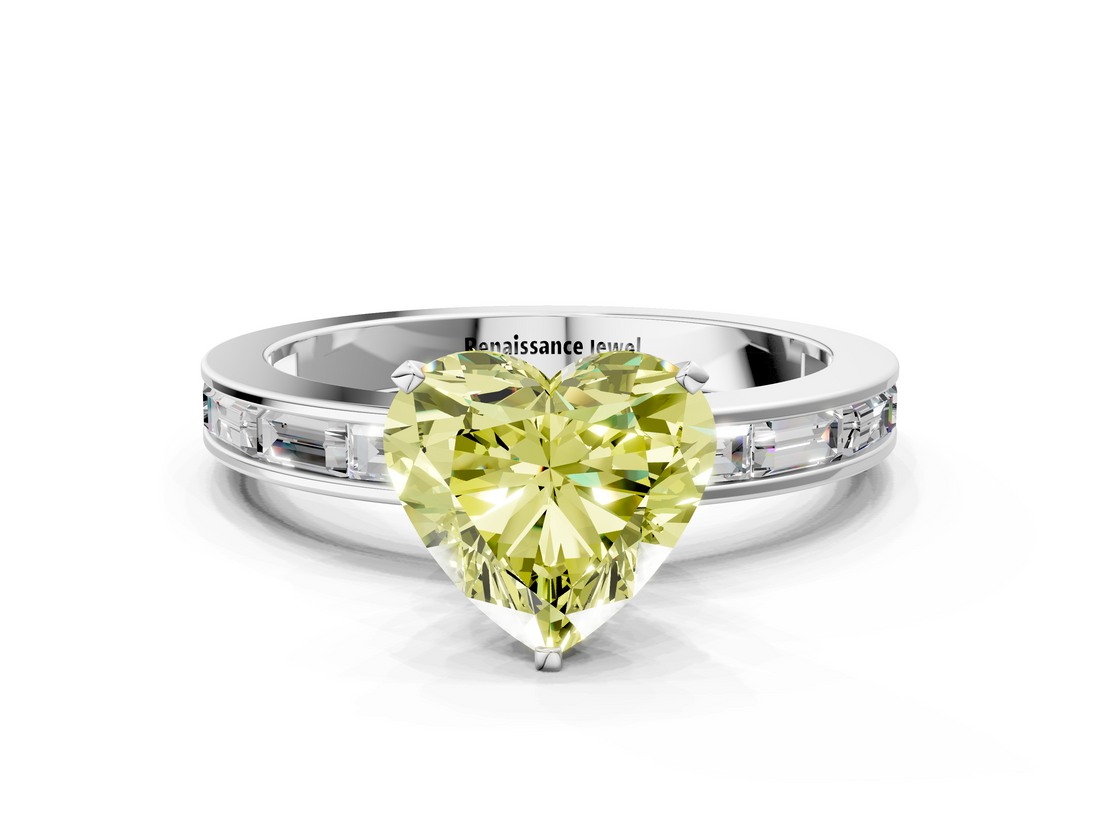 White gold Fancy Yellow Heart  Solitaire Diamond Ring with Channel-Set Baguette Band and Four-Prong Setting_100