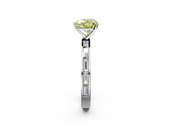 White gold Fancy Yellow Heart  Solitaire Diamond Ring with Channel-Set Baguette Band and Four-Prong Setting