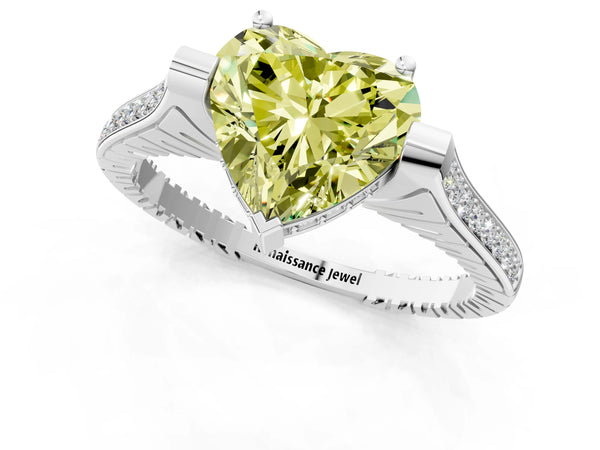 Platinum Heart-Shaped Vintage Cathedral Engagement Ring Setting for Fancy Yellow Center