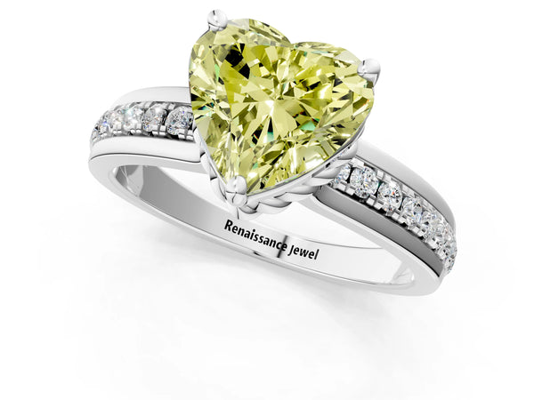 White gold Fancy Yellow Heart  Solitaire Diamond Ring with Channel Set Band and Six-Prong Setting