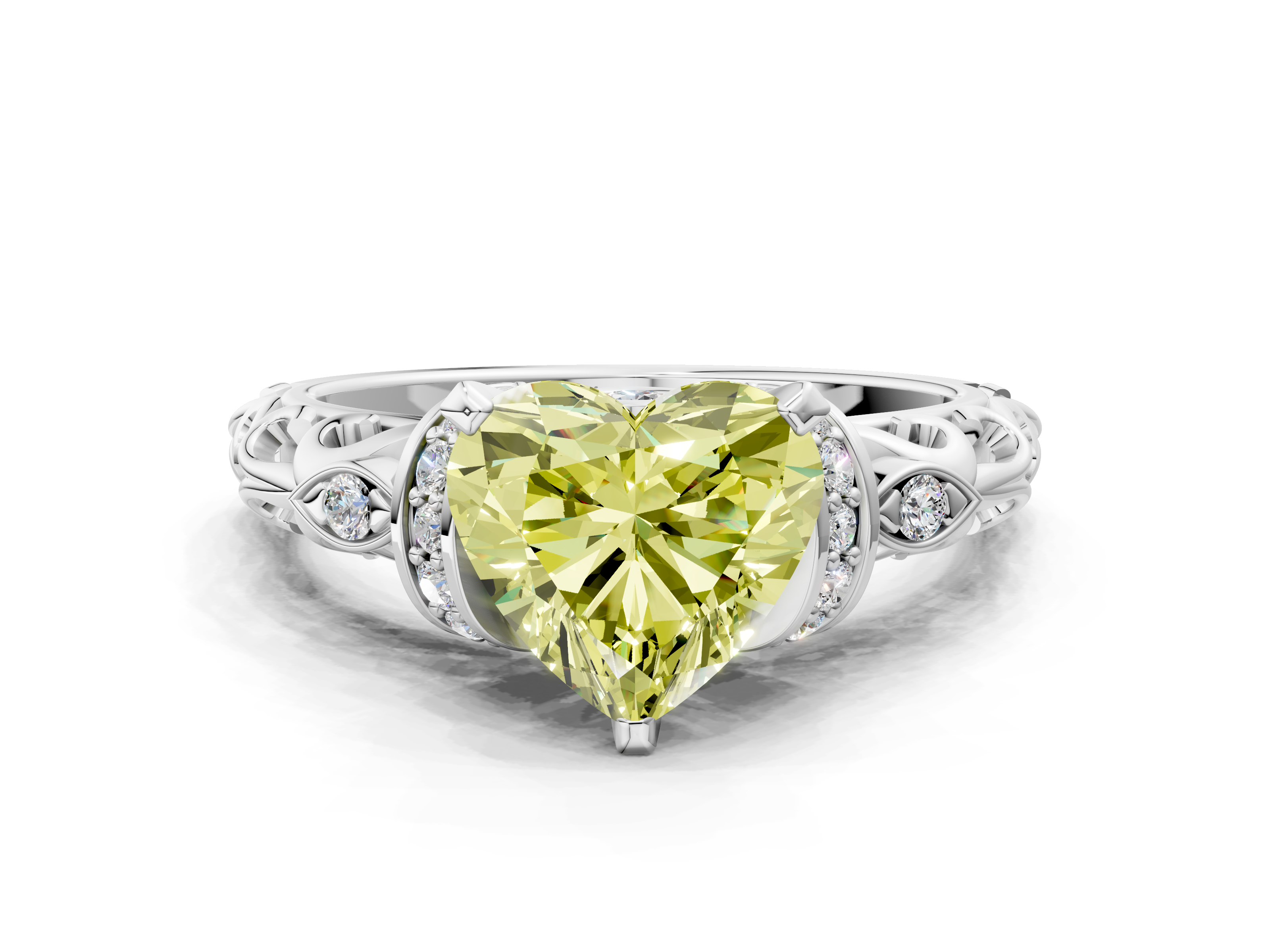 White gold Fancy Yellow Heart  Solitaire Diamond Ring with Filigree Band and Four-Prong Setting_30