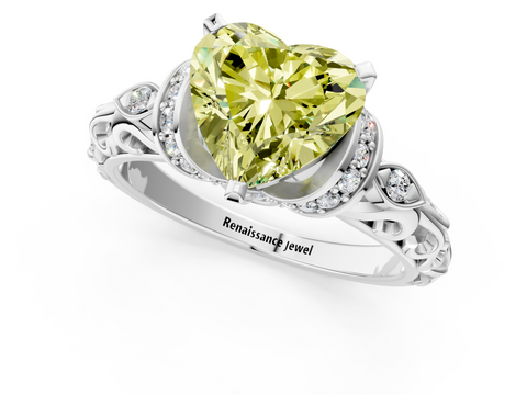 White gold Fancy Yellow Heart  Solitaire Diamond Ring with Filigree Band and Four-Prong Setting_31