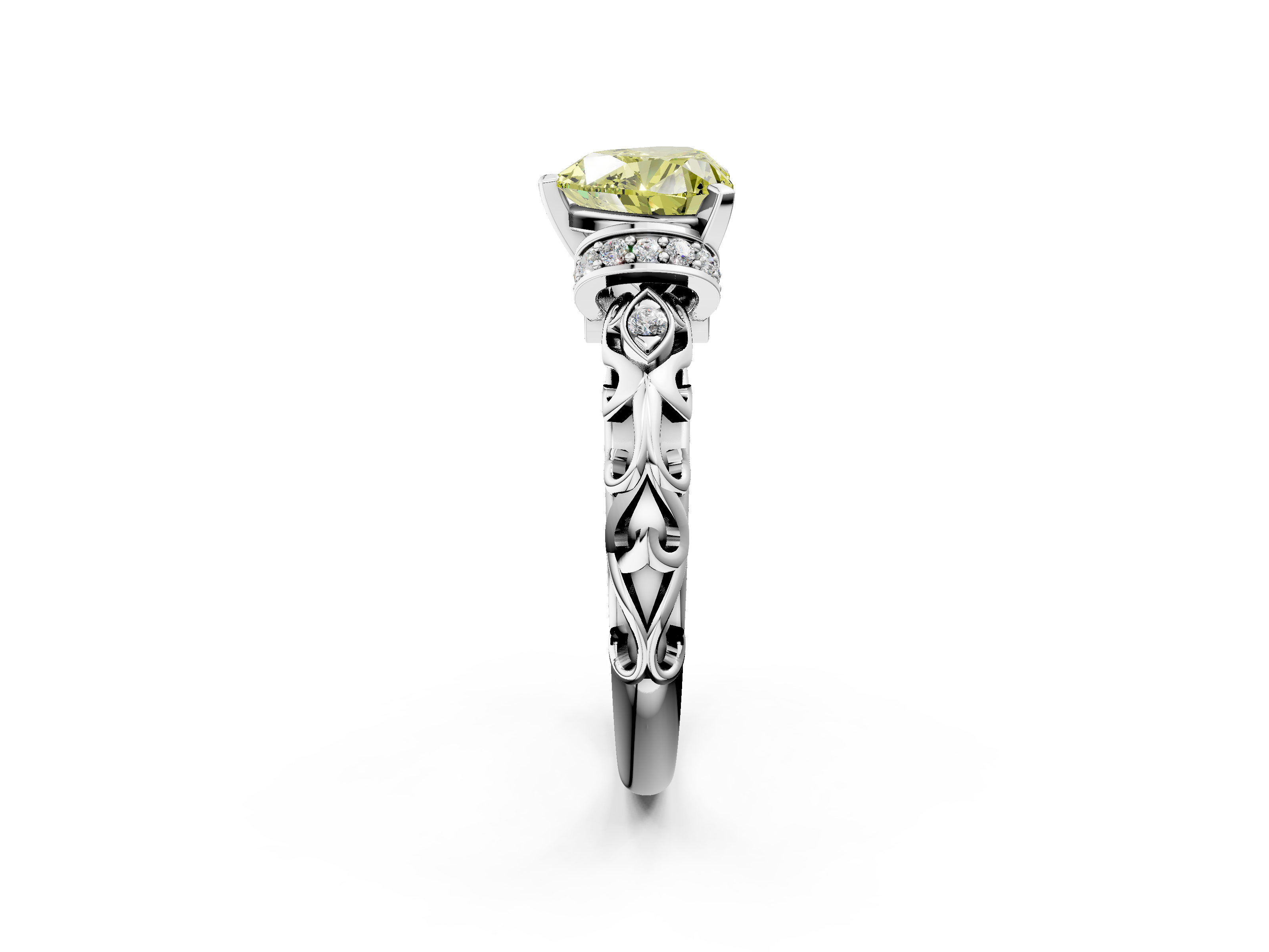 White gold Fancy Yellow Heart  Solitaire Diamond Ring with Filigree Band and Four-Prong Setting_32