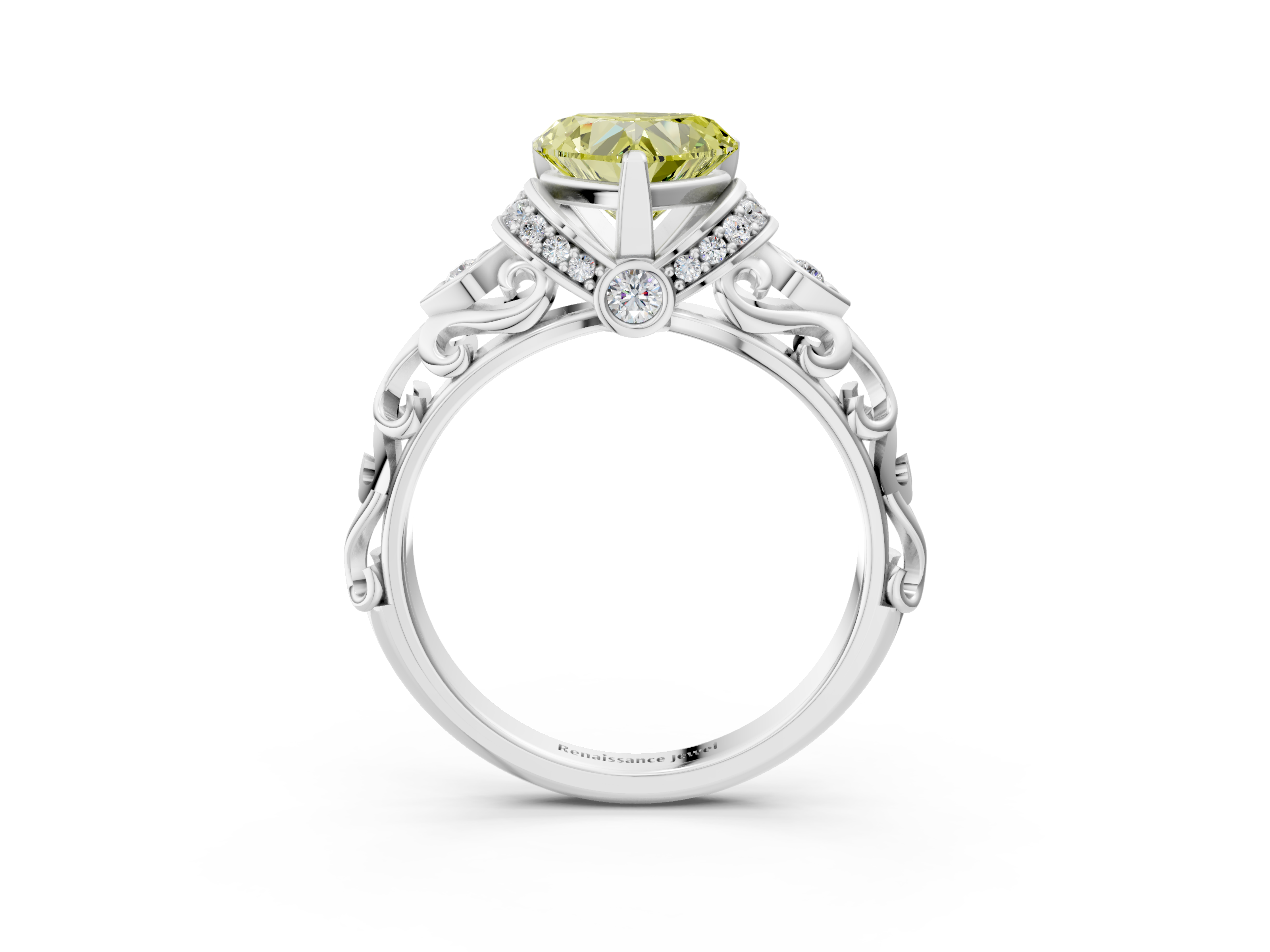 White gold Fancy Yellow Heart  Solitaire Diamond Ring with Filigree Band and Four-Prong Setting_33