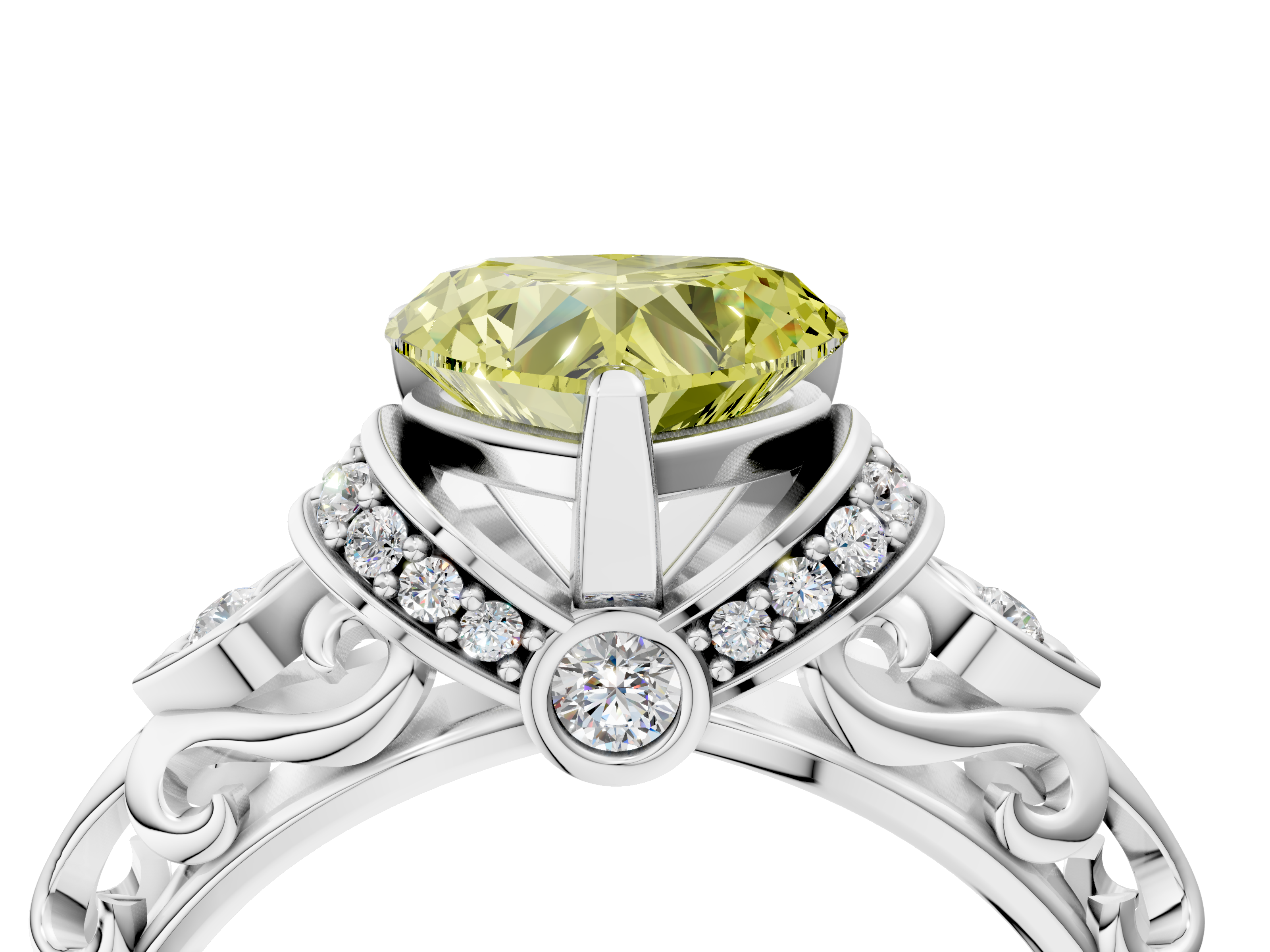 White gold Fancy Yellow Heart  Solitaire Diamond Ring with Filigree Band and Four-Prong Setting_34