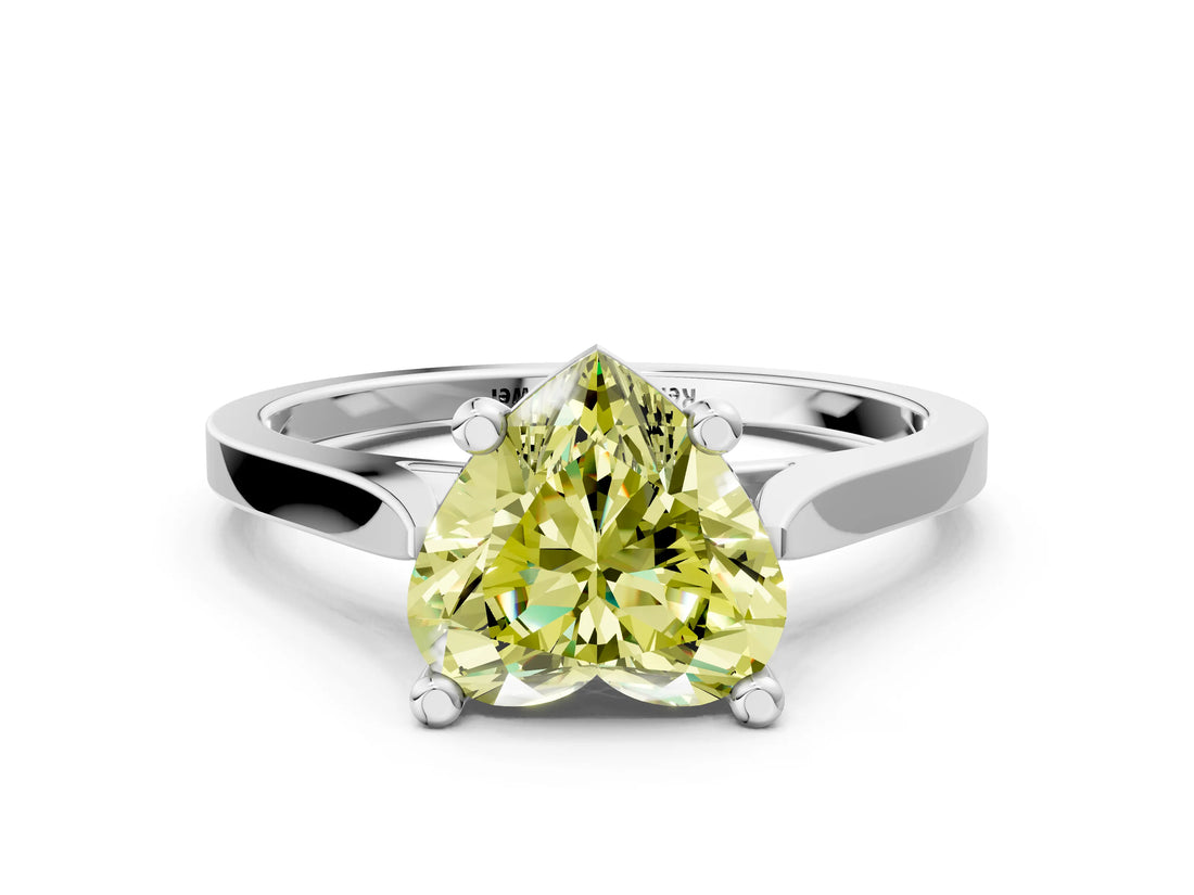 White gold Fancy Yellow Heart  Solitaire Diamond Ring with Four-Prong Setting and Tapered Band