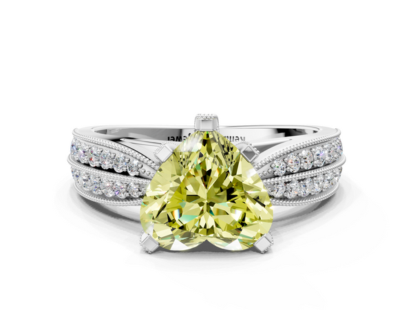 White gold Fancy Yellow Heart  Solitaire Diamond Ring with Milgrain Pavé Band and Four-Prong Setting