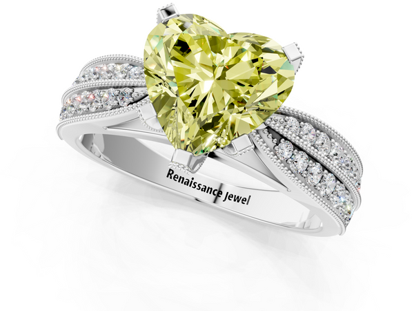 White gold Fancy Yellow Heart  Solitaire Diamond Ring with Milgrain Pavé Band and Four-Prong Setting