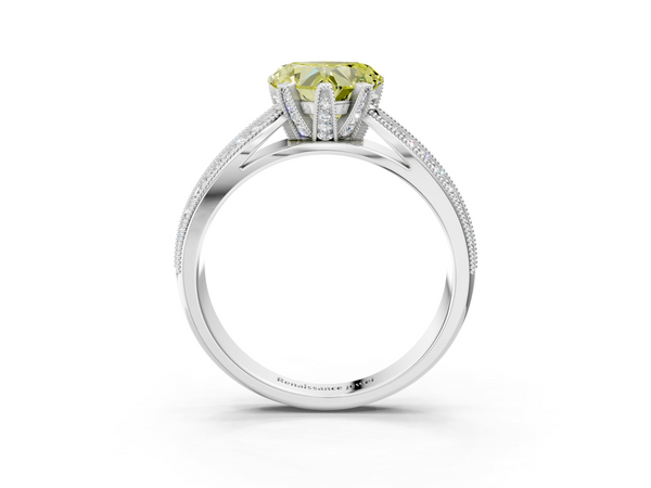 White gold Fancy Yellow Heart  Solitaire Diamond Ring with Milgrain Pavé Band and Four-Prong Setting