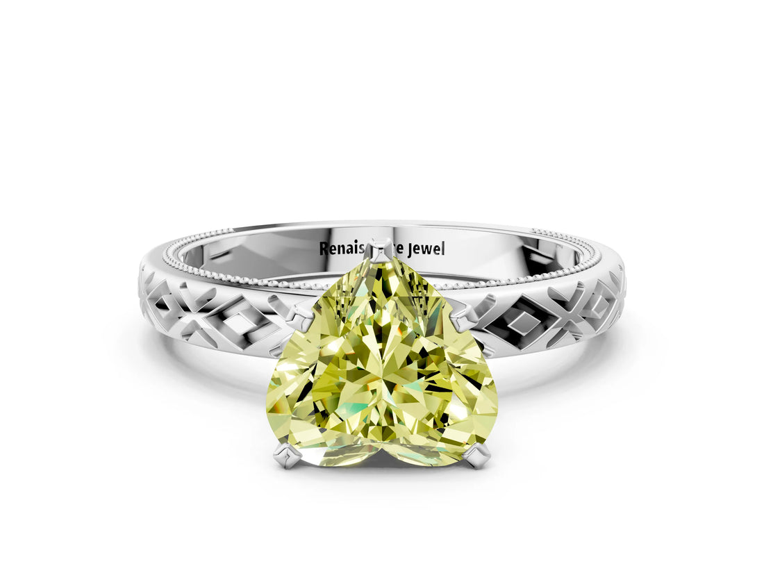 White gold Fancy Yellow Heart  Solitaire Diamond Ring with Milgrain and Black Enamel X Pattern Band_103