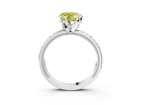 Platinum Fancy Yellow Heart  Solitaire Diamond Ring with Milgrain and Black Enamel X Pattern Band