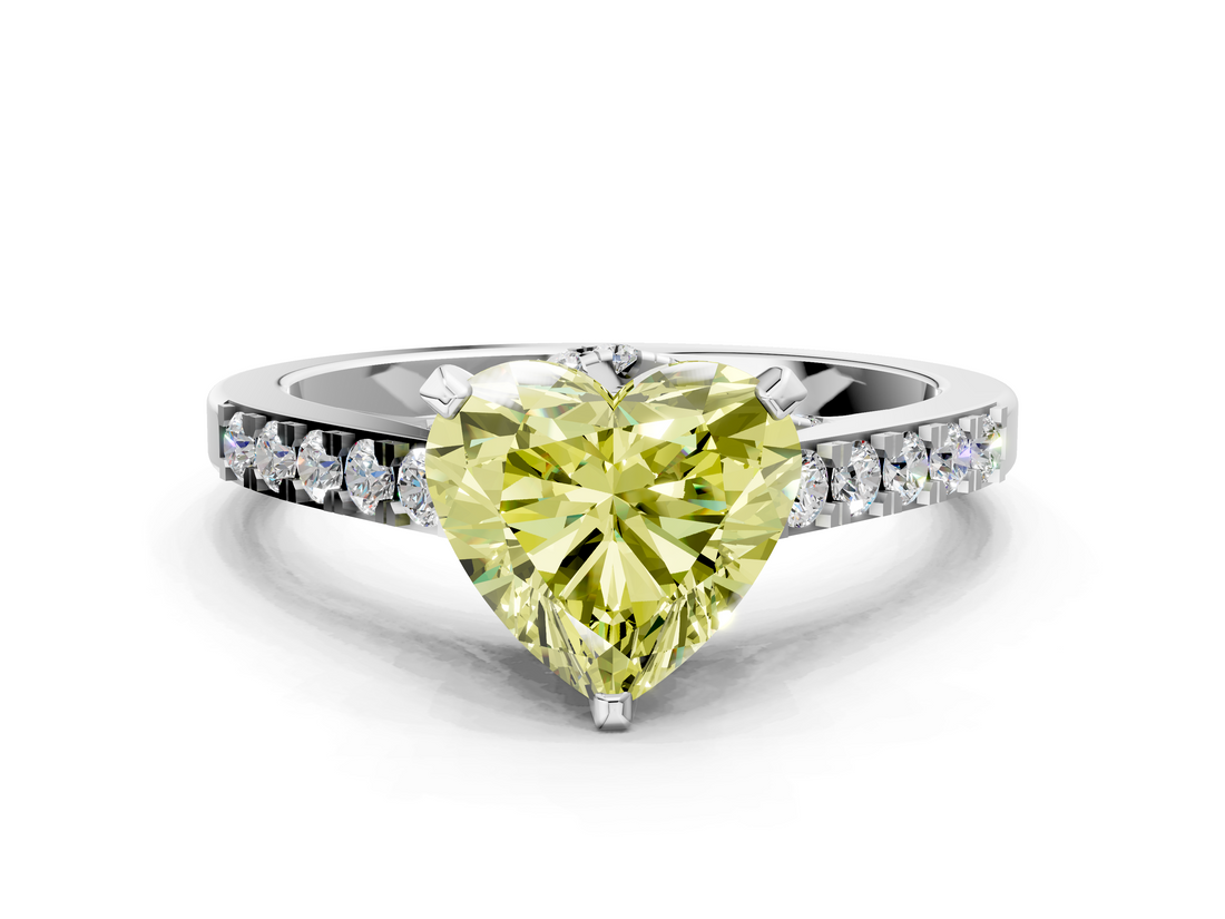 White gold Fancy Yellow Heart  Solitaire Diamond Ring with Pavé Band and Four-Prong Setting_166