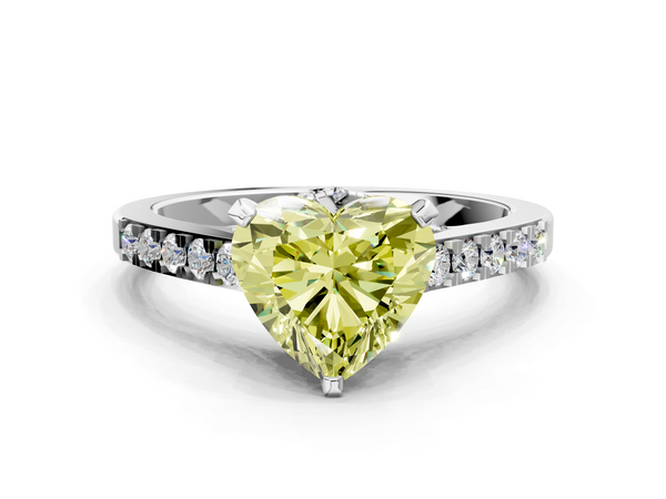 Platinum Fancy Yellow Heart  Diamond Solitaire Ring with Pavé Band and Prong Setting